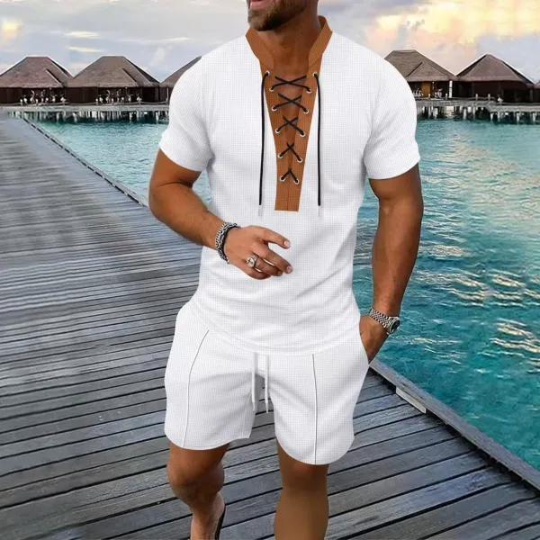 Design Lace-Up V-Neck Short Set Gray - 10