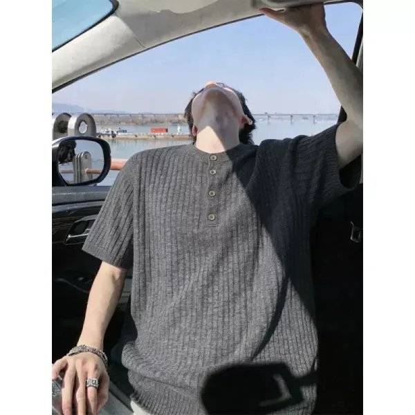 Design Henley Ribbed Knit T-Shirt Gray - 2