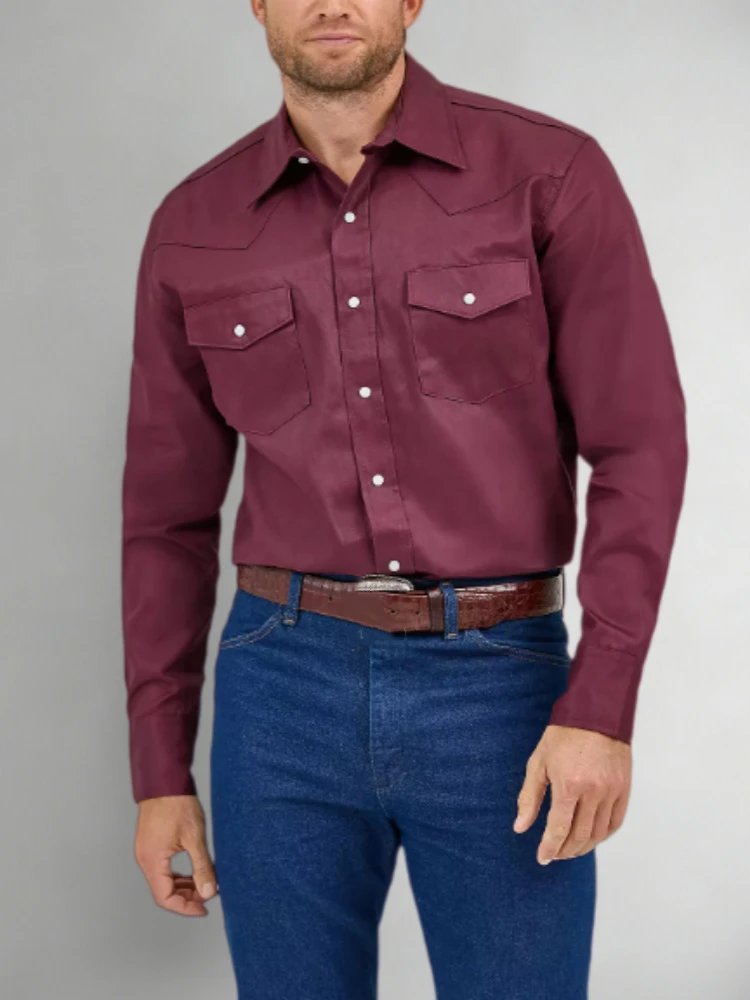 Design Red Western-Style Shirt with Flap Pockets and Blue Denim Jeans Shirt - 6