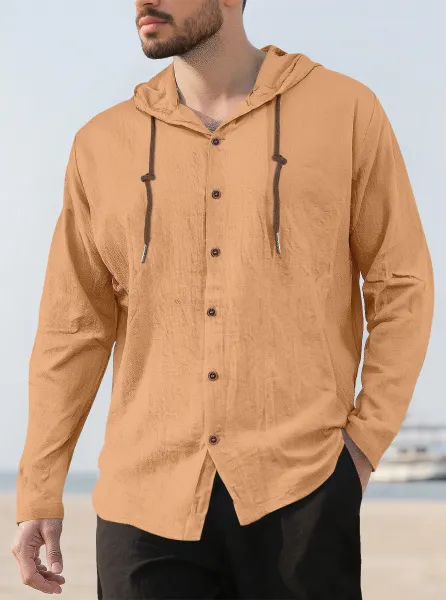 Design Hooded Button-Up Shirt Beige Hoodie - 1