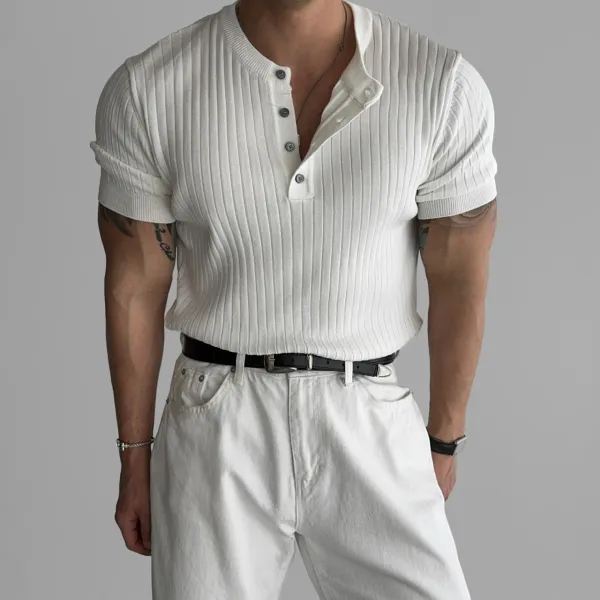 Design Ribbed Henley Knit Top White Tops - 1