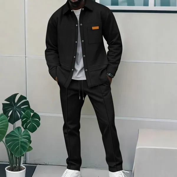 Design Waffle-Texture Utility Jacket and Track Pants Set Black - 10