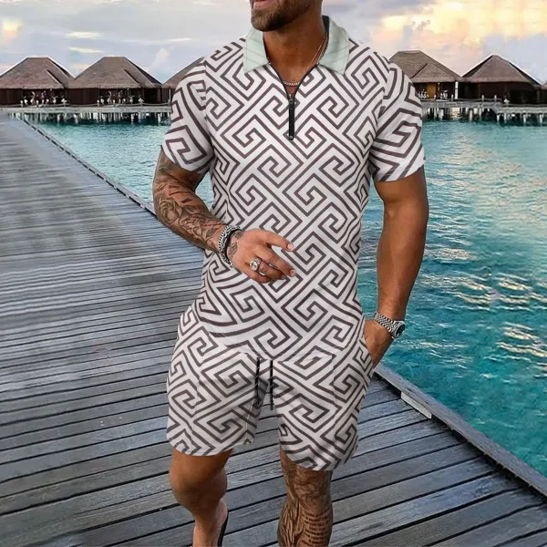 Design Greek Key Pattern Zip-Neck Polo Set White Brown - 1