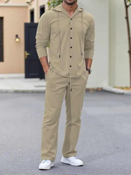 Design Hooded Button-Up Set Beige Casual Set - 1
