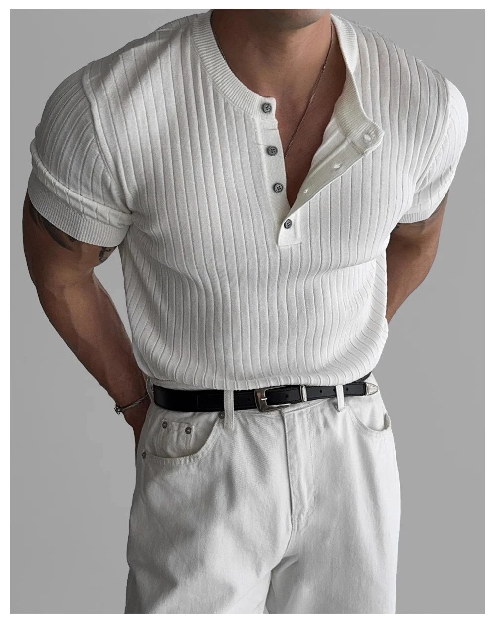 Design Ribbed Henley Knit Top White Tops - 4