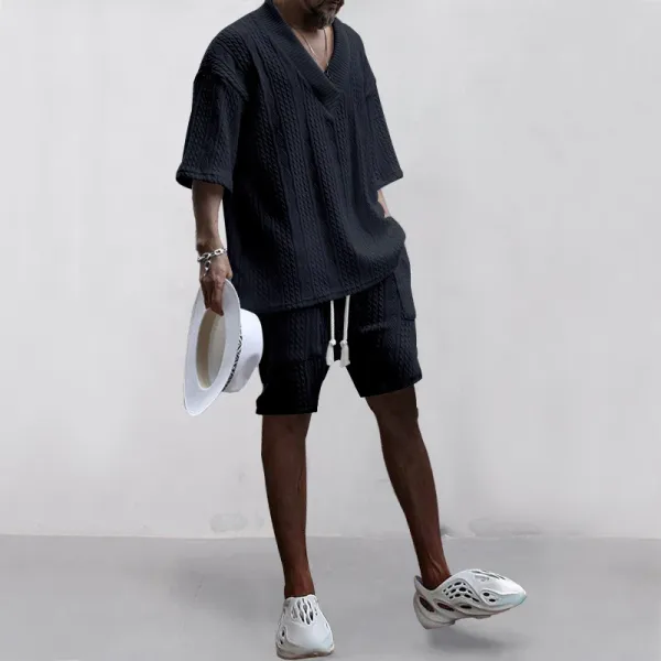Design Knit V-Neck Oversized Set Gray - 24