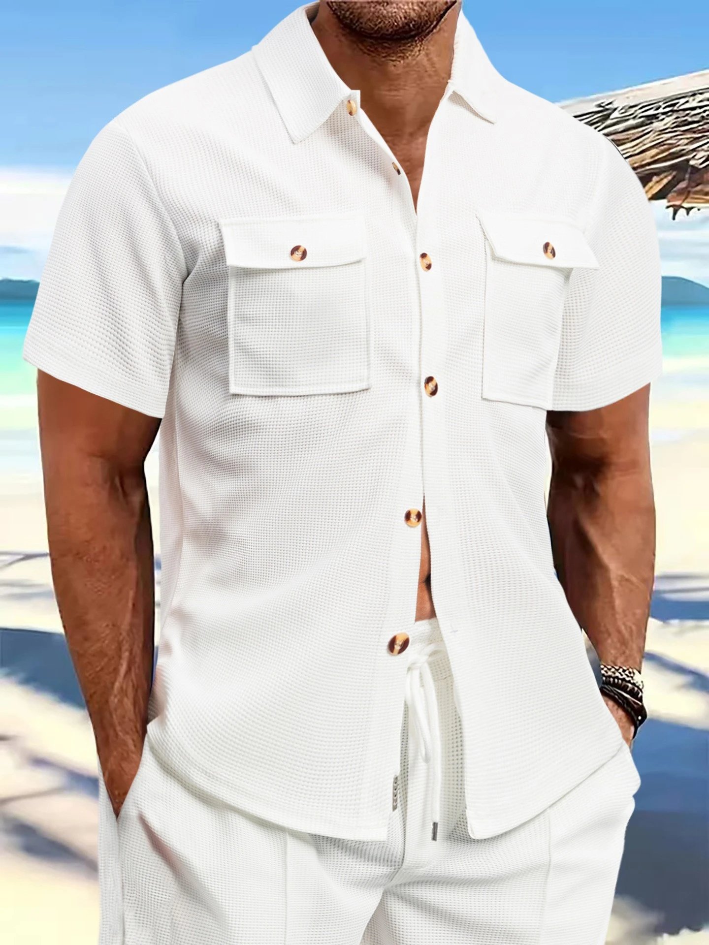Design Beige Waffle Knit Short-Sleeve Shirt and Drawstring Pants Set Sets - 26