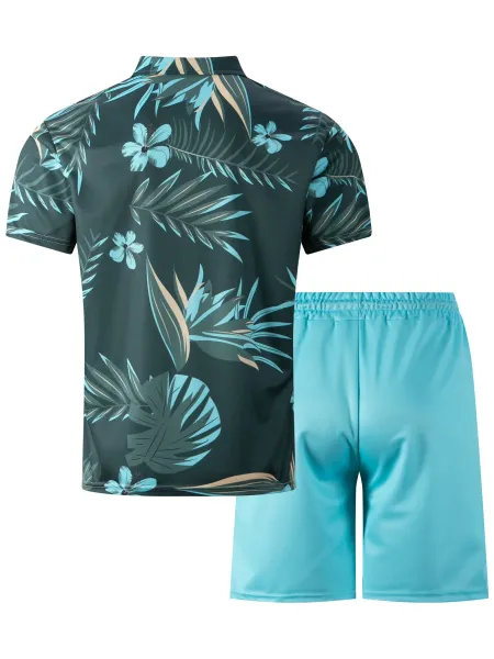 Design Tropical Print Half-Zip Polo Shirt in Dark Green with Aqua Floral Pattern Tops Polo - 12