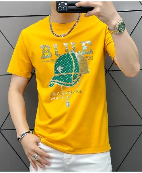 Design Bule Graphic Rhinestone Embellished Yellow T-Shirt - 22