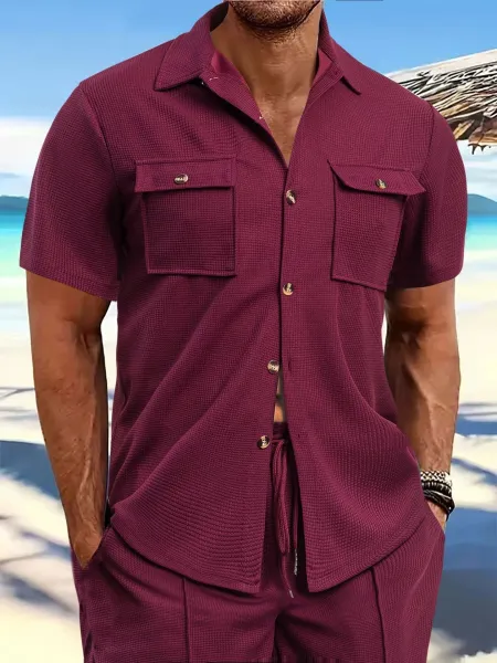Design Waffle-Knit Short-Sleeve Shirt and Pants Set Burgundy - 1