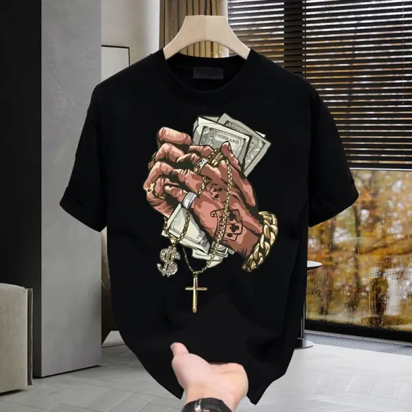 Design Hand with Money and Cross Graphic Black T-Shirt - 1