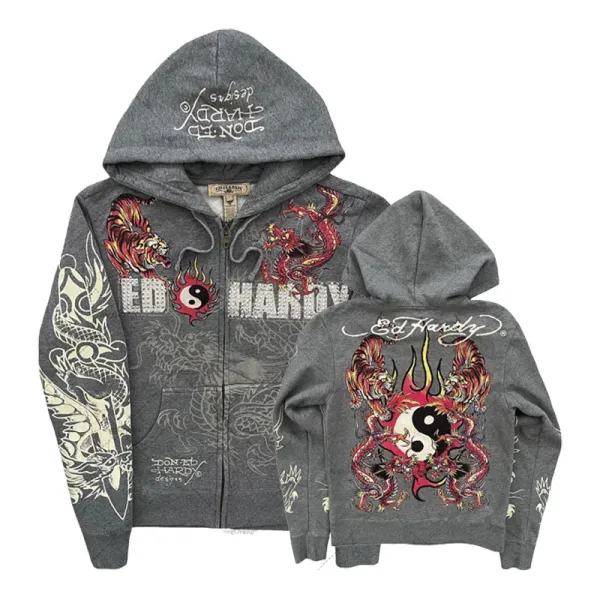 Design Ed Hardy Dragon Yin Yang Gray Zip-Up Hoodie - 1