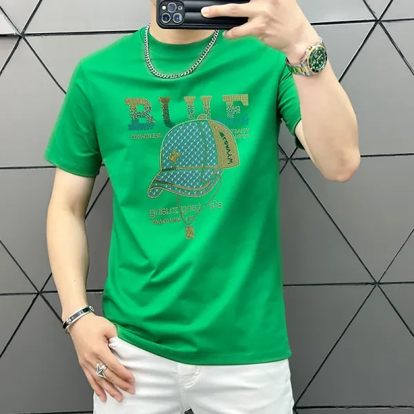 Design Bule Graphic Rhinestone Embellished Yellow T-Shirt - 4