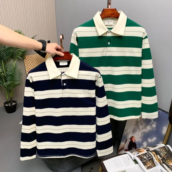 Design Savage Base Gather Stripe Long-Sleeve Polo in Burgundy and Beige Tops Polo - 5