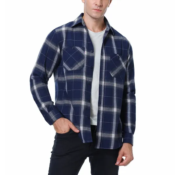 Design Flannel Shirt Navy Blue Plaid Shirt Tops Shirt - 1