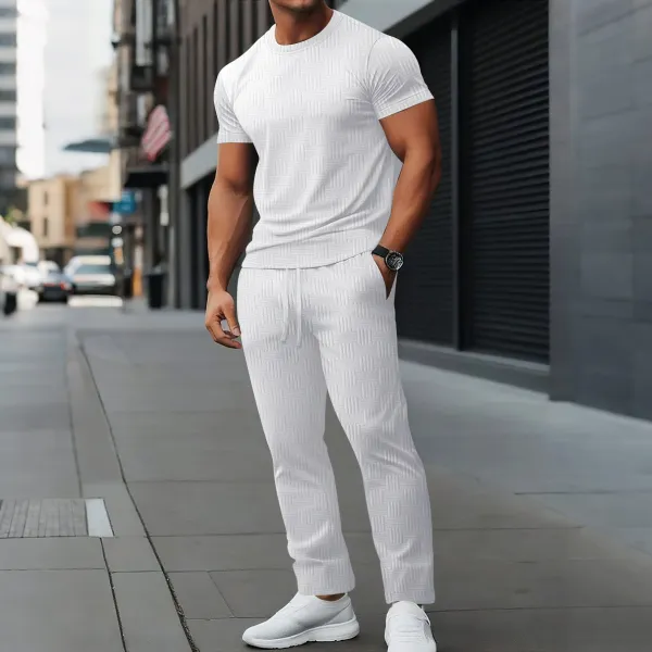 Design Textured Knit Set Black T-Shirt and Pants with White Sneakers - 12