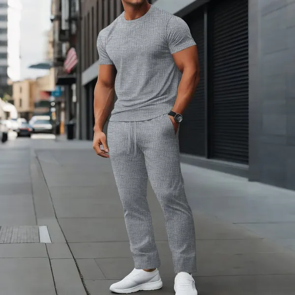 Design Textured Knit Set Black T-Shirt and Pants with White Sneakers - 15