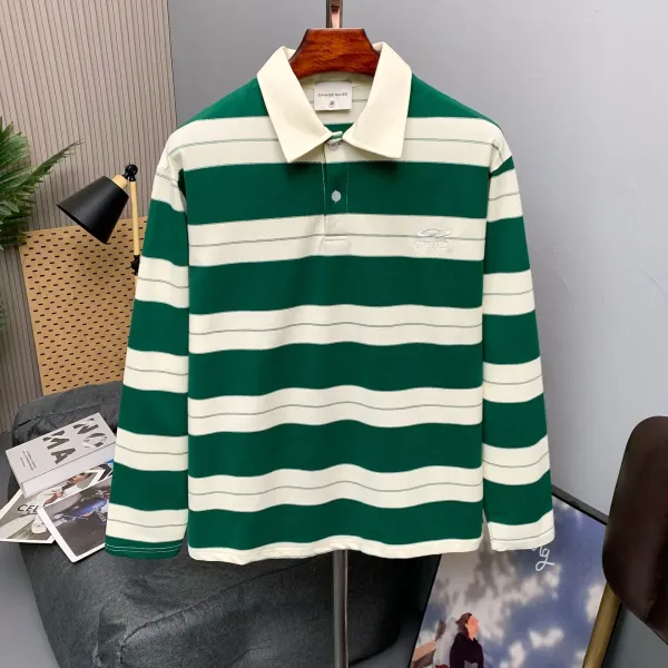 Design Savage Base Gather Stripe Long-Sleeve Polo in Burgundy and Beige Tops Polo - 11