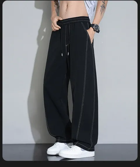 Design Wide-Leg Track Pants with Contrast Stitching Black Pants Sweatpants - 15