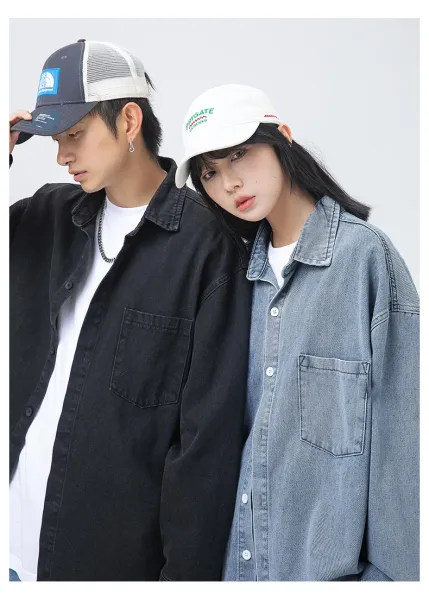 Design Oversized Washed Black Denim Shirt Tops Shirt - 10