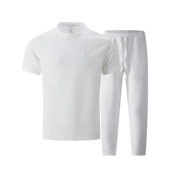 Design Textured Knit Set Black T-Shirt and Pants with White Sneakers - 13