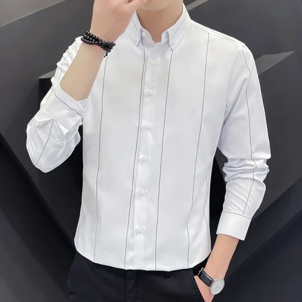 Design Slim Fit Vertical Stripe White Button-Down Shirt - 1