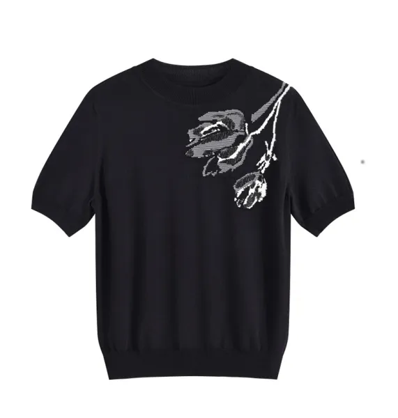 Design Floral Knit Short-Sleeve Sweater Black - 2