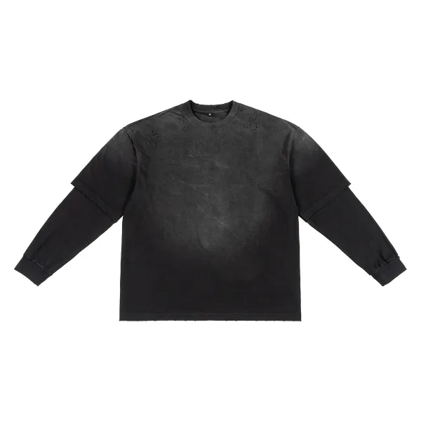 Design Distressed Layered Sleeve Long-Sleeve T-Shirt Black - 1