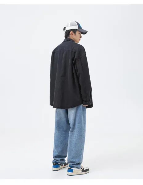 Design Oversized Washed Black Denim Shirt Tops Shirt - 23