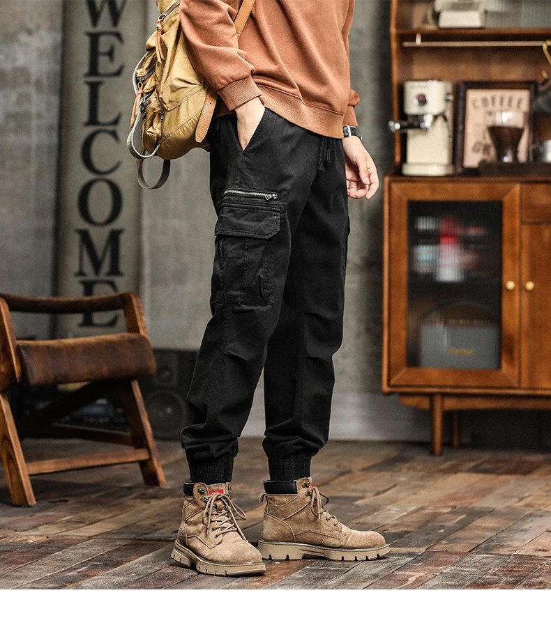Design Cargo Pants Black with Zippered Pocket and Elastic Cuff Pants - 22