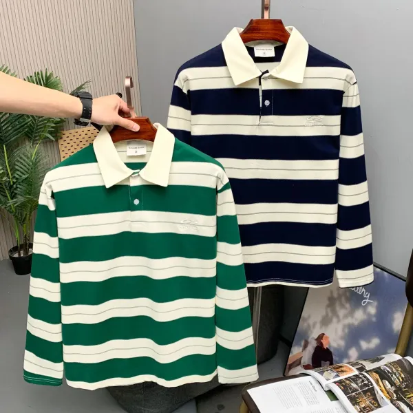 Design Savage Base Gather Stripe Long-Sleeve Polo in Burgundy and Beige Tops Polo - 6