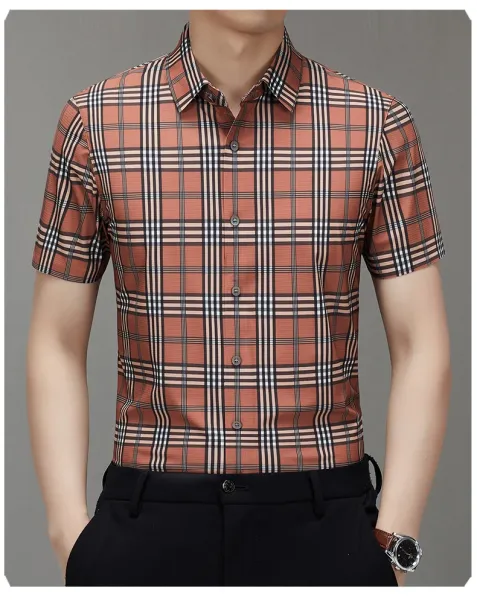 Design LGG Plaid Short-Sleeve Button-Up Shirt Beige Shirt - 8