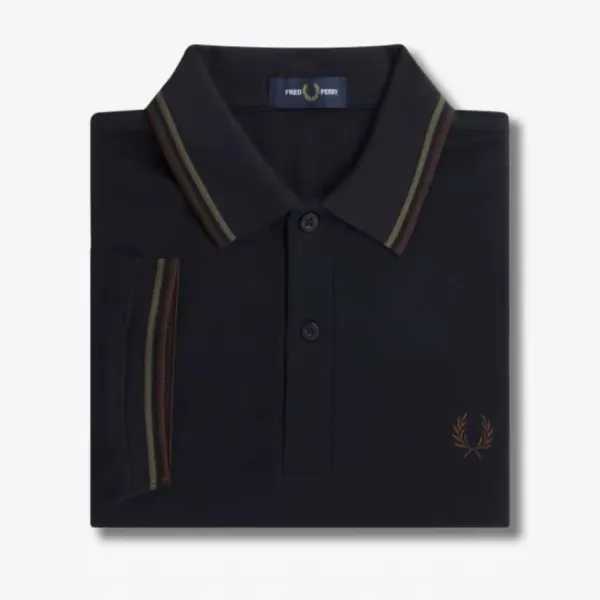 Fred Perry Twin Tipped Polo Navy with Olive and Brown Trim Polo Shirt - 1