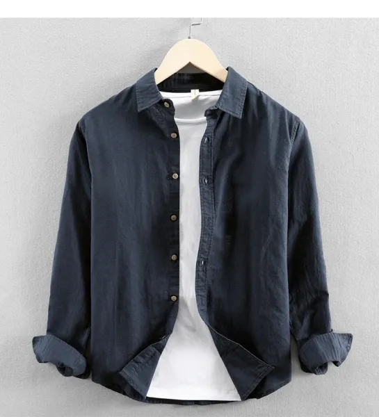 Design Linen Blend Shirt Navy Blue Tops Shirt - 12