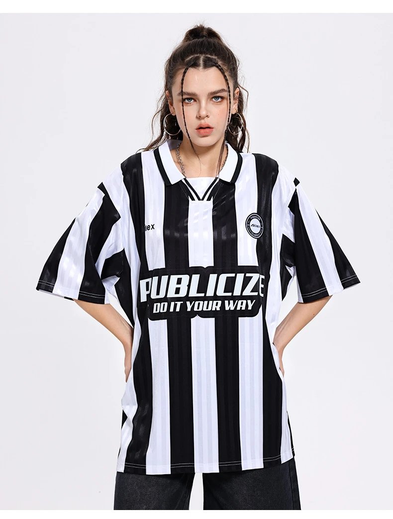 Design Publicize Do It Your Way Oversized Striped Polo Shirt Black and White Tops Polo - 8