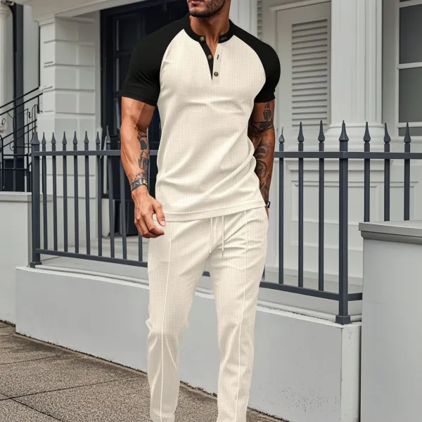 Design Raglan Henley Set Beige and Black Casual Set - 1