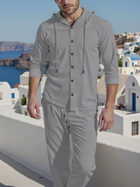 Design Light Blue Hooded Button-Up Shirt and Matching Pants Set - 21