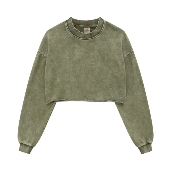 Design Cropped Acid Wash Gray Sweatshirt Sweater - 6
