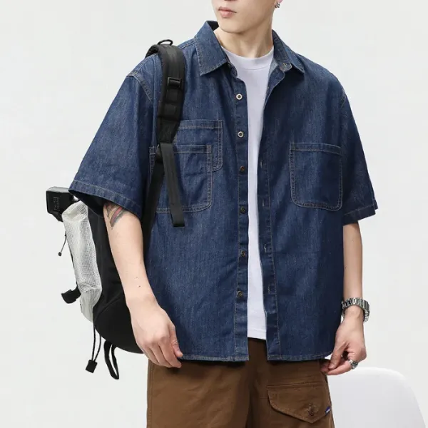 Design Denim Shirt Short Sleeve Blue Workwear-Style Shirt Tops Shirt - 1