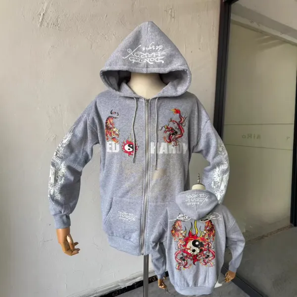 Design Ed Hardy Dragon Tiger Yin Yang Gray Zip-Up Hoodie - 1