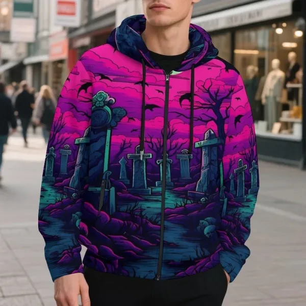 Design Gothic Cemetery Print Zip-Up Hoodie Multicolor - 1