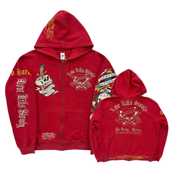 Design Ed Hardy Tattoo Hoodie Olive Green Zip-Up Hoodie - 8