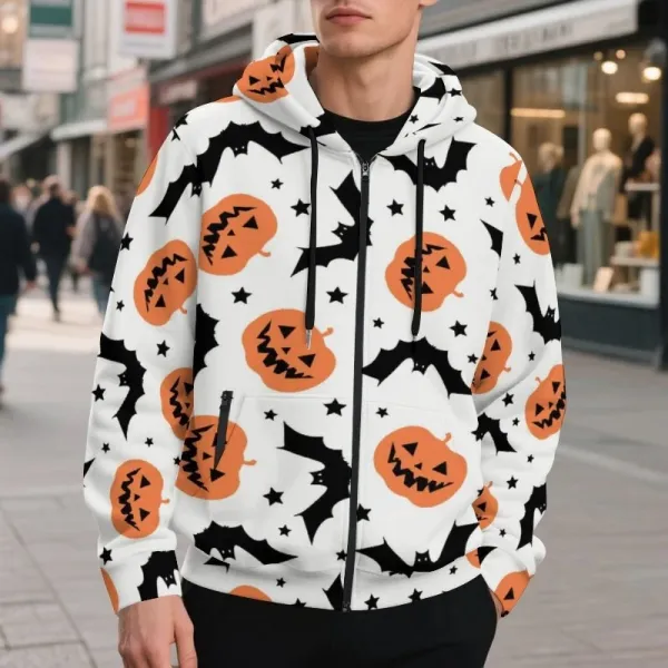 Design Halloween Pumpkin Bat Print Zip-Up Hoodie White Hoodie - 1