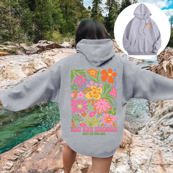 Design Floral Print 'You Are Enough' Oversized Hoodie Gray - 1