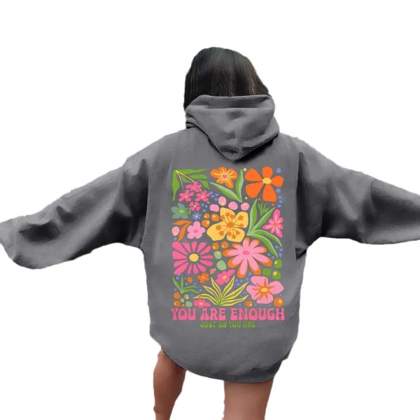 Design Floral Print 'You Are Enough' Oversized Hoodie Gray - 1