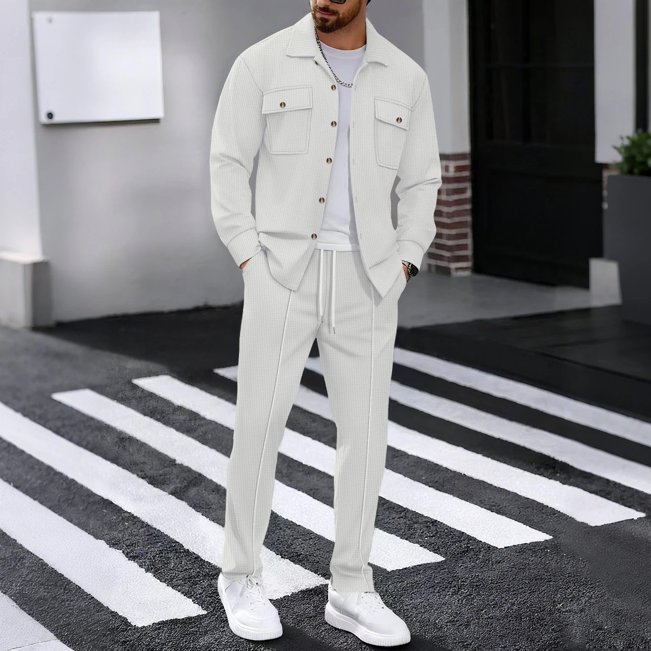 Design Gray Houndstooth Two-Piece Set with White T-Shirt and Chunky Sneakers - 22