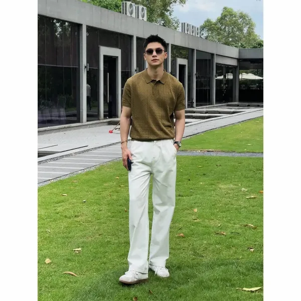 Design Rhett Kelley Knit Polo Shirt Army Green Tops Polo - 9