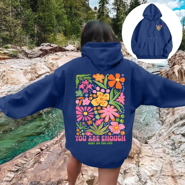 Design Floral Print 'You Are Enough' Navy Hoodie - 7