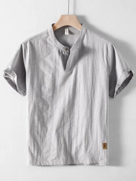 Design Henley Shirt Gray Linen-Blend Top - 1