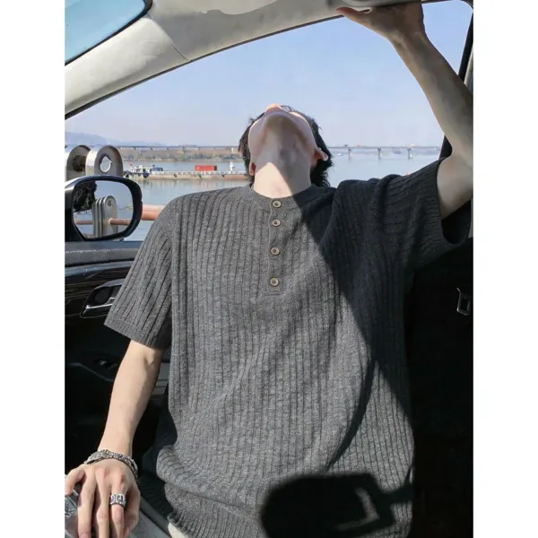 Design Gray Ribbed Henley Knit T-Shirt Tops.t Shirts - 1